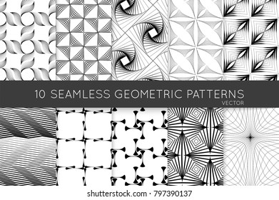 Collection of black and white seamless patterns. Simple monochrome geometric texture. Abstract design elements in set.