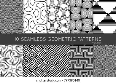 Collection of black and white seamless patterns. Simple monochrome geometric texture. Abstract design elements in set.