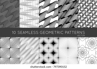 Collection of black and white seamless patterns. Simple monochrome geometric texture. Abstract design elements in set.
