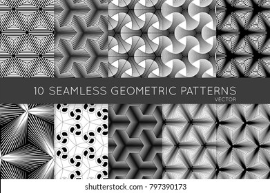 Collection of black and white seamless patterns. Simple monochrome geometric texture. Abstract design elements in set.