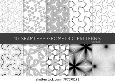 Collection of black and white seamless patterns. Simple monochrome geometric texture. Abstract design elements in set.