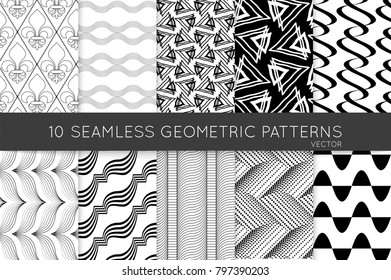 Collection of black and white seamless patterns. Simple monochrome geometric texture. Abstract design elements in set.