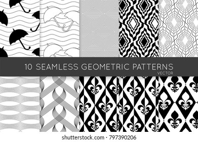 Collection of black and white seamless patterns. Simple monochrome geometric texture. Abstract design elements in set.