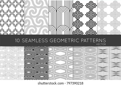 Collection of black and white seamless patterns. Simple monochrome geometric texture. Abstract design elements in set.
