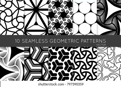 Collection of black and white seamless patterns. Simple monochrome geometric texture. Abstract design elements in set.