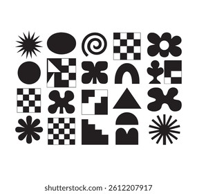 A collection of black and white shapes and patterns. The shapes are all different sizes and are arranged in a grid. Scene is abstract and artistic