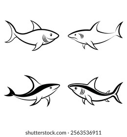 A collection of black and white shark illustrations featuring four unique designs. Perfect for marine life projects, graphic designs, and educational materials.