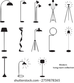 A collection of black and white showing various types of lamps and light fixtures including table lamps floor lamps pendant lamps.