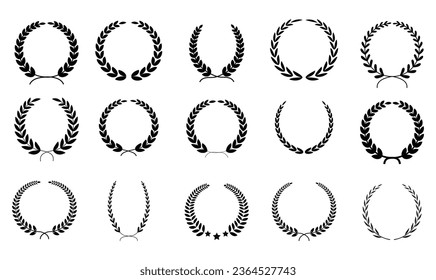 Collection of black and white silhouette circular laurel foliate, achievement, heraldry, nobility, vector stock