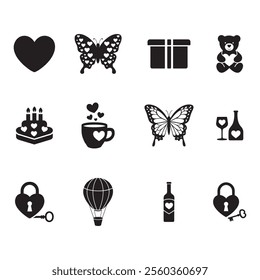 A collection of black and white silhouette icons representing romantic and love-themed elements.