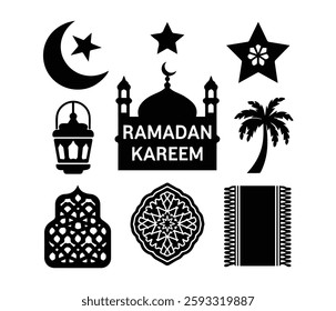 A collection of black and white silhouette icons representing important symbols of Ramadan Kareem.