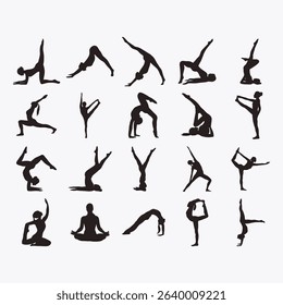 Collection of black and white silhouette illustrations depicting various yoga and flexibility poses, showcasing different body positions and movements. 