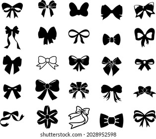 Collection of Black and white silhouette image of bow set. Monochrome vector bows and ribbons set