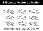 A collection of black and white silhouette vector illustrations of various trout fish species, including rainbow, brown, lake, cutthroat, and golden trout.