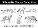 A collection of black and white silhouette vector illustrations of cheetahs in different dynamic poses, showcasing their speed and grace.