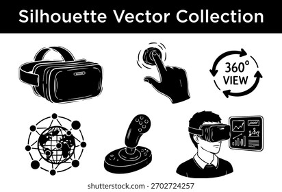 Una colección de iconos vectoriales de silueta en blanco y negro que representan conceptos de realidad virtual, juegos y tecnología.