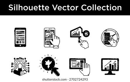 Una colección de iconos vectoriales de siluetas en blanco y negro que representan la interacción digital, el análisis de datos y los conceptos tecnológicos.