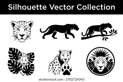 A collection of black and white silhouette vector illustrations featuring leopards in various poses and tropical foliage.