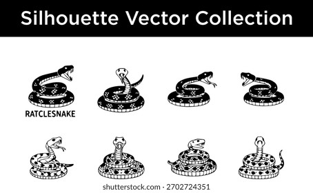 Uma coleção de ilustrações de vetor de silhueta preto e branco de cascavéis em várias poses.