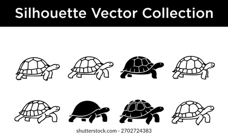 Una colección de Ilustraciones vectoriales de silueta en blanco y negro con varias tortugas y tortugas en diferentes estilos.