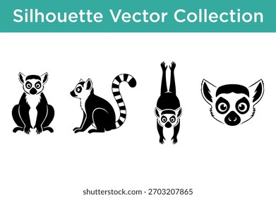Una colección de Ilustraciones vectoriales de silueta en blanco y negro de lémures de cola anillada en varias poses.