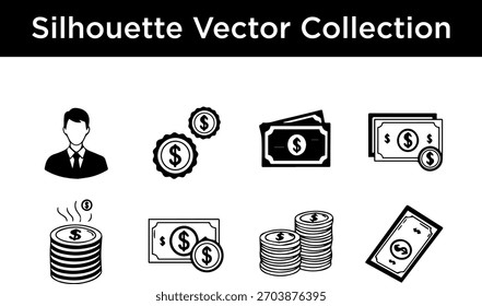Una colección de iconos vectoriales de silueta en blanco y negro que representan el dinero, la moneda y los conceptos comerciales.