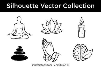 Una colección de iconos vectoriales de silueta en blanco y negro que representan el bienestar, la atención plena y las prácticas espirituales.