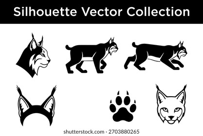 A collection of black and white silhouette vector graphics featuring a lynx in various poses, its head, ears, and a paw print.