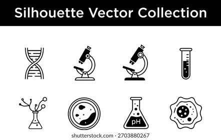 Uma coleção de ícones de vetor de silhueta preto e branco que representam vários equipamentos e conceitos de laboratório científicos.