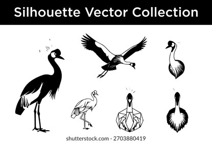 A collection of black and white silhouette vector illustrations featuring various crane and bird designs, including flying and standing poses.