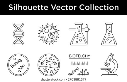 A collection of black and white silhouette vector icons representing scientific and biological concepts.