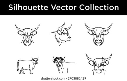 Uma coleção de ilustrações de vetor de silhueta em preto e branco de gado das Highland, com várias poses e fotos na cabeça.