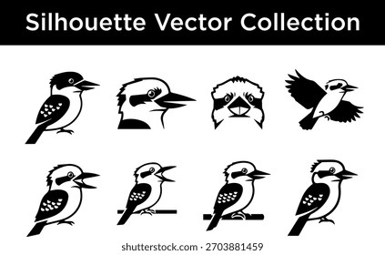 Una colección de Ilustraciones vectoriales de siluetas en blanco y negro de aves kookaburra en varias poses y primeros planos.