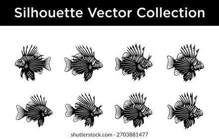 Eine Sammlung von schwarz-weißen Silhouetten-Vektorgrafiken von Löwenfischen.