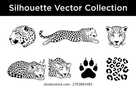 A collection of black and white silhouette vector illustrations of leopards, including heads, running, sleeping, paw prints, and spots.