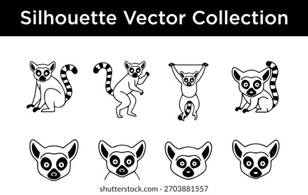 Uma coleção de ilustrações vetoriais de silhueta em preto e branco de lêmures-de-cauda-anelada em várias poses.