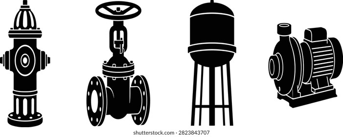 A collection of black and white silhouette vector icons depicting essential water infrastructure elements including a fire hydrant, industrial gate valve, water storage tower, and electric centrifugal pump. Ideal for plumbing engineering, utility management, and civil infrastructure design projects.