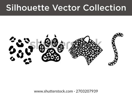 A collection of black and white silhouette vector graphics featuring leopard spots, a paw print, a leopard head, and a leopard tail.