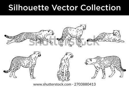 A collection of black and white silhouette vector illustrations of cheetahs in different dynamic poses, showcasing their speed and grace.