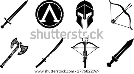 A collection of black and white silhouette vector icons depicting historic weaponry, spartan armor, and ancient combat gear. This versatile set is perfect for gaming logos, historical educational material, graphic design elements, and masculine branding concepts.