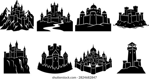 A collection of black and white silhouette vectors depicting medieval castles, historic fortresses, and fantasy palace architecture. This versatile icon set features fortresses on cliffs, island castles, defensive watchtowers, and citadel strongholds perfect for gaming emblems, historic branding, and creative designs.