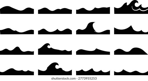 Collection of black and white silhouette waves in varying styles