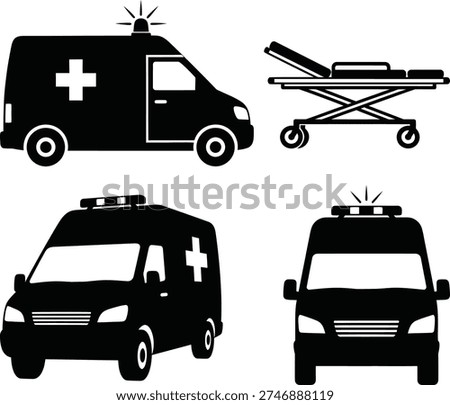 Collection of black and white silhouettes of ambulances and a stretcher