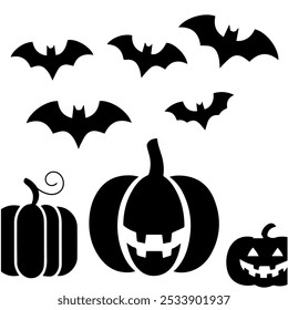 A collection of black and white silhouettes of bats and pumpkins, perfect for Halloween decorations or crafts.
