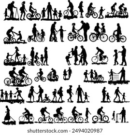 A collection of black and white silhouettes depicting various families and individuals walking and biking. The images capture diverse interactions and activities, such as parents with children