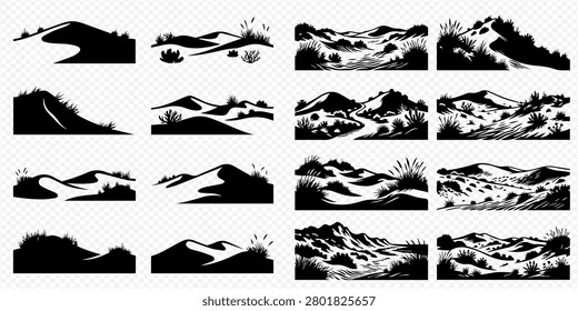 A collection of black and white silhouettes depicting various desert landscapes with sand dunes and sparse vegetation, showcasing different perspectives and textures.
