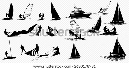 A collection of black and white silhouettes depicting various water sports, including sailing, windsurfing, and motorboating.  