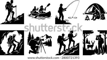 A collection of black and white silhouettes depicting various outdoor recreation activities, including mountain hiking, canoeing, fishing, camping by a bonfire, caving, nature photography, and wildlife viewing. This versatile vector element set is perfect for travel guides, adventure tourism branding, and active lifestyle designs.