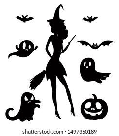 Collection of black and white silhouettes for Halloween celebration. Witch, bats and ghosts.
