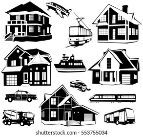 Collection of black and white silhouettes of houses and transport on a white background.